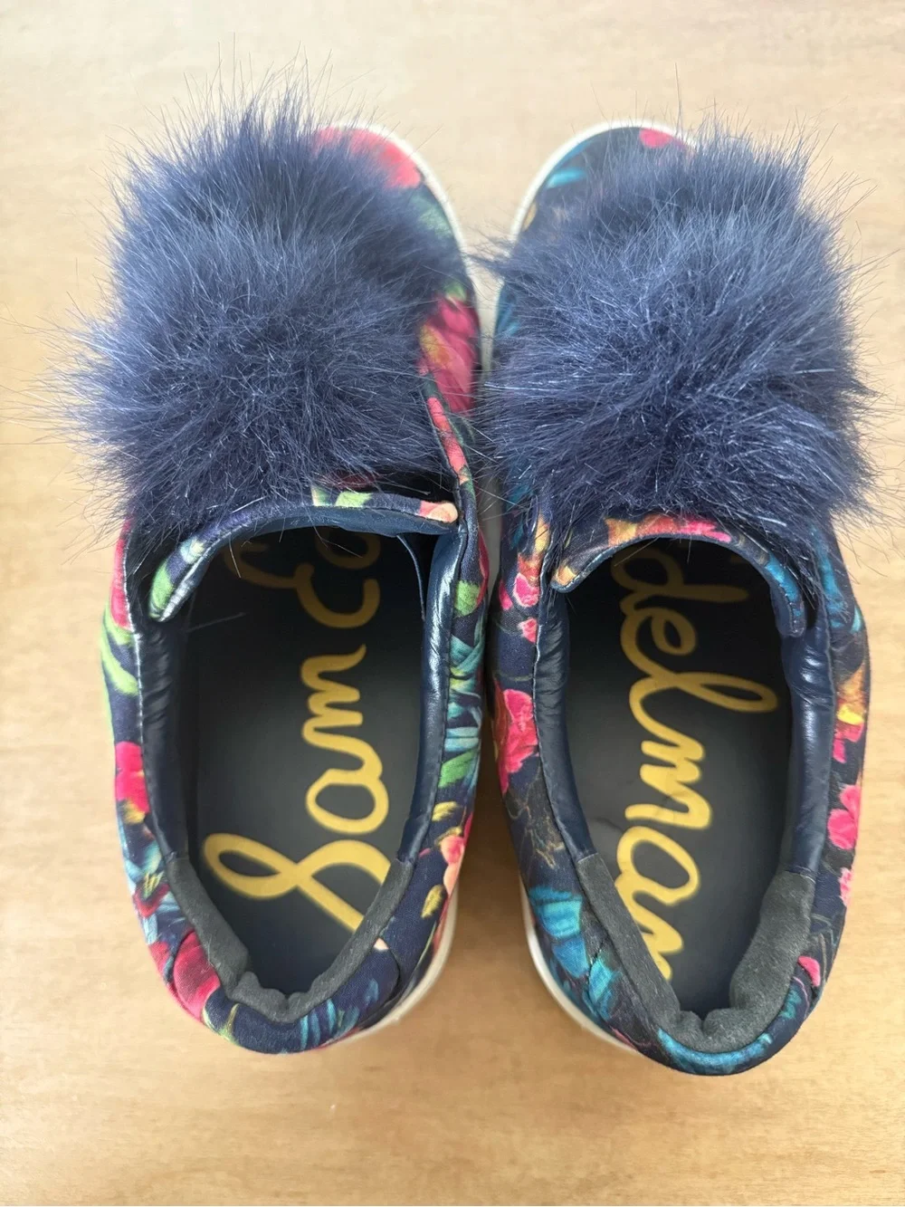 Sam Edelman Navy Floral Slip-Ons with Faux Fur Pom